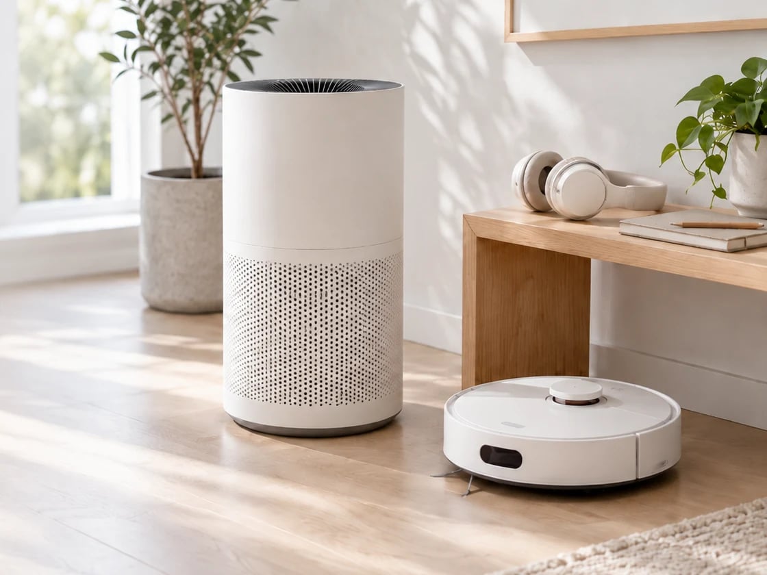 A white air purifier and a robot vacuum on a wooden floor by a window; headphones and a notebook on an oak bench in daylight